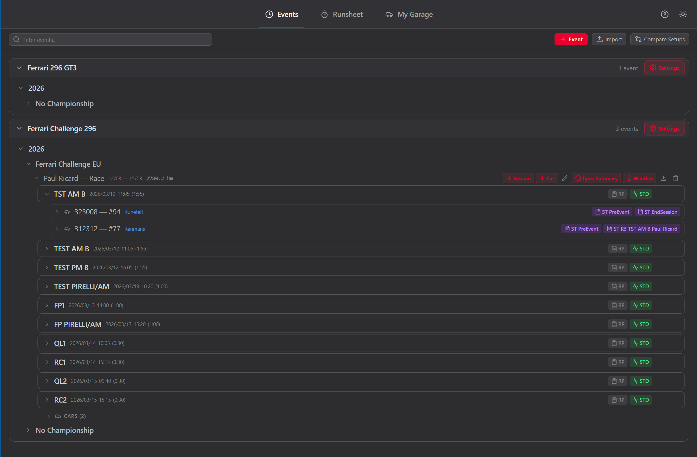 Events tab — centralized event archive with sessions, setup sheets, and filters