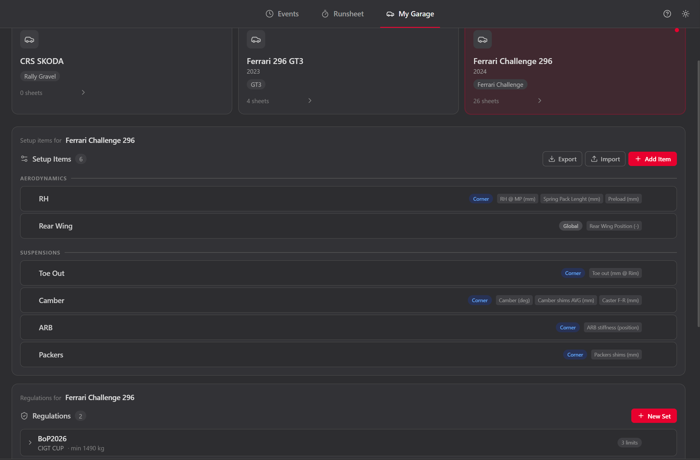 My Garage tab — vehicle fleet, setup templates, lists, relations, and adjustment calculator