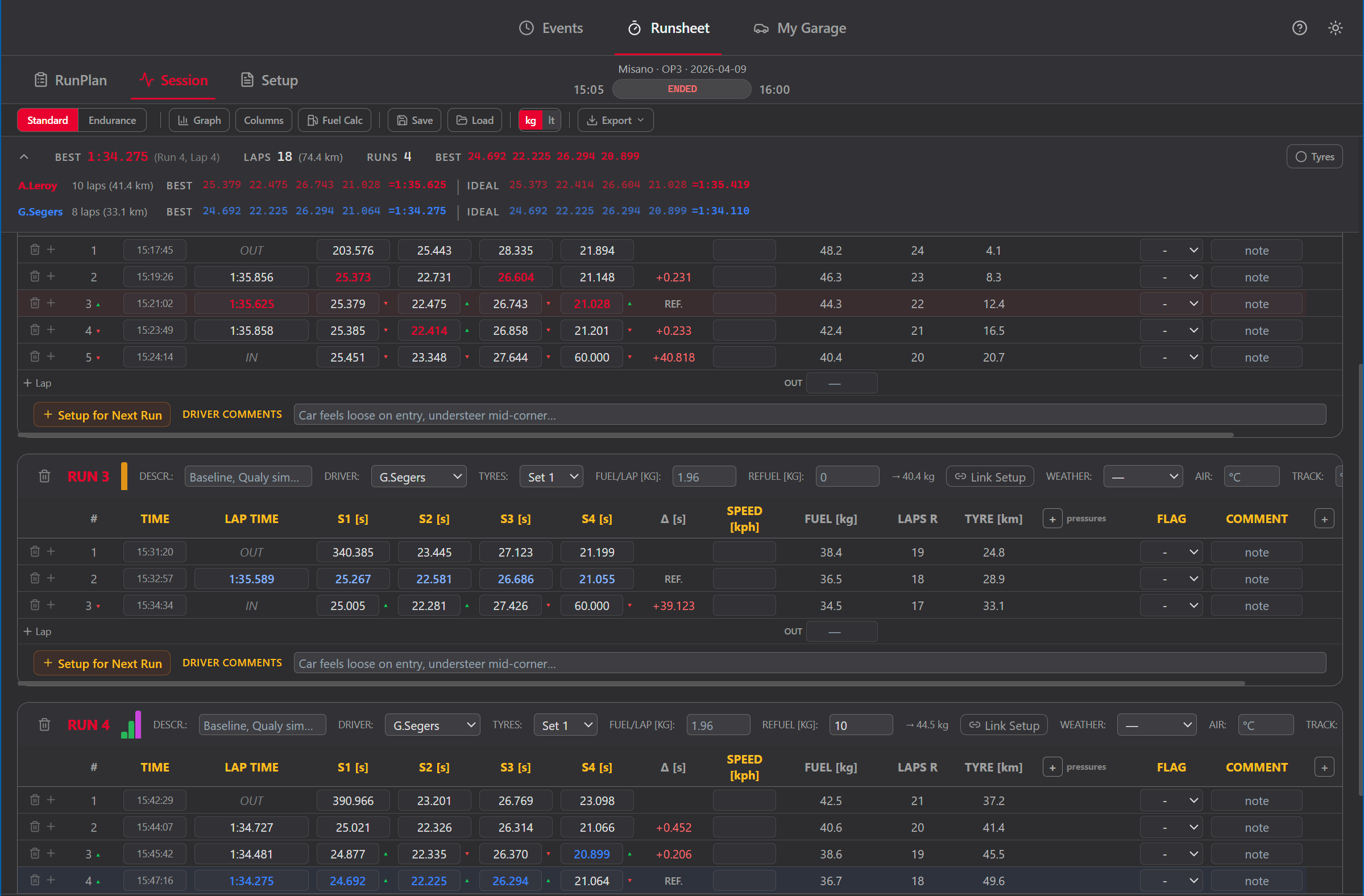 Car Event Tracker — full application view with Events, Runsheet, and Setup tabs