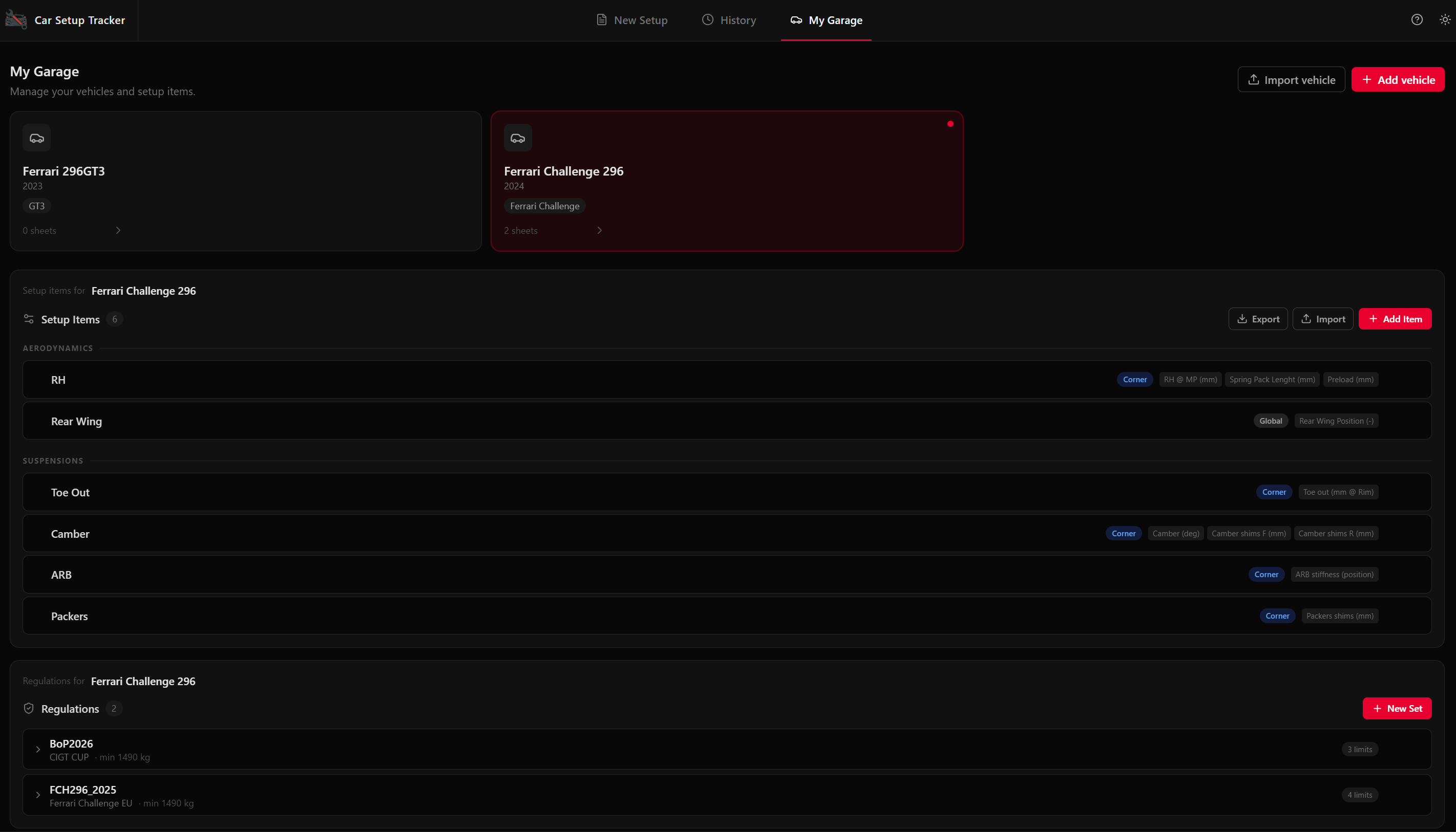 My Garage tab — vehicle fleet with setup templates and categories