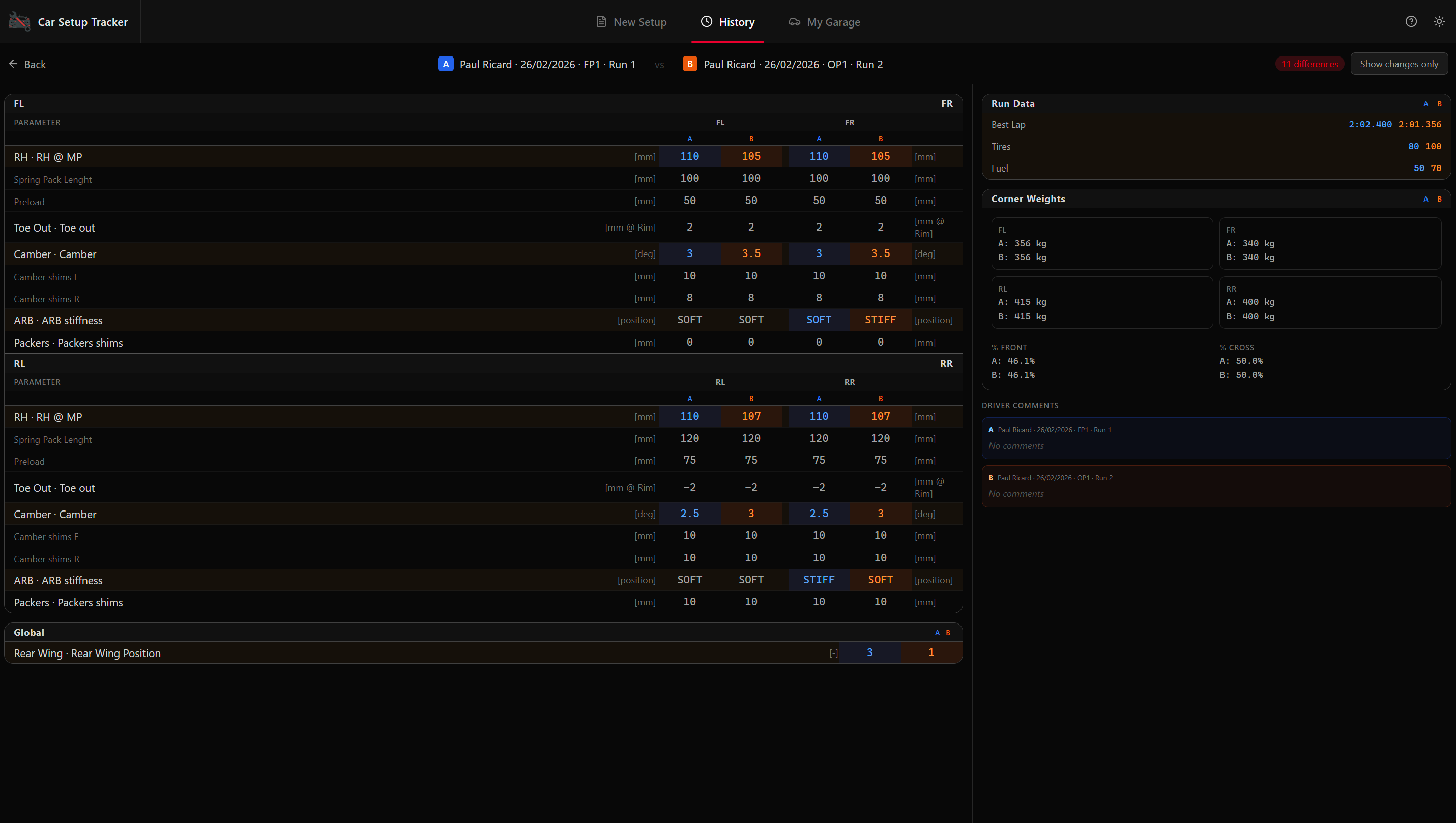 History tab — side-by-side comparison with highlighted differences