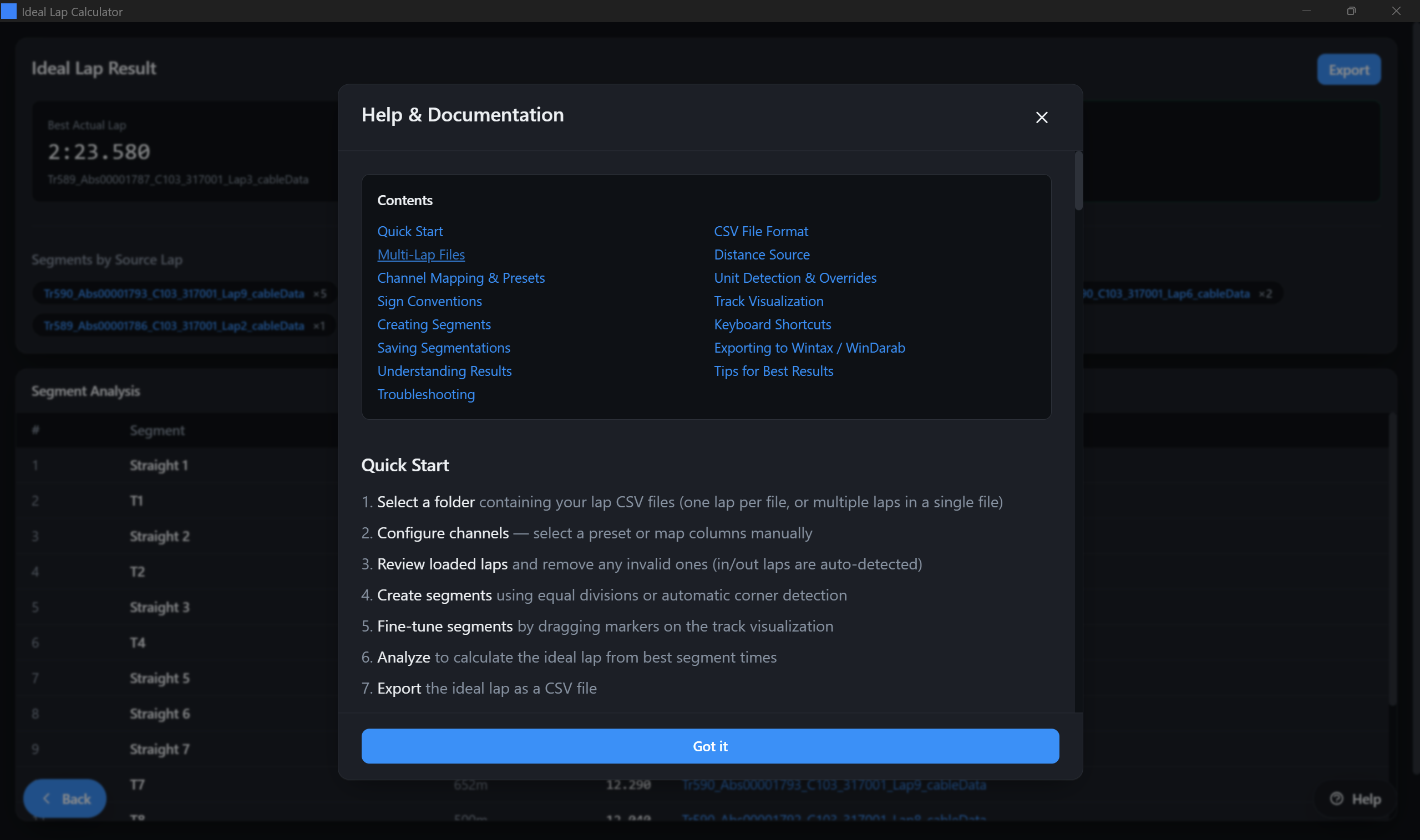 In app help documentation dialog