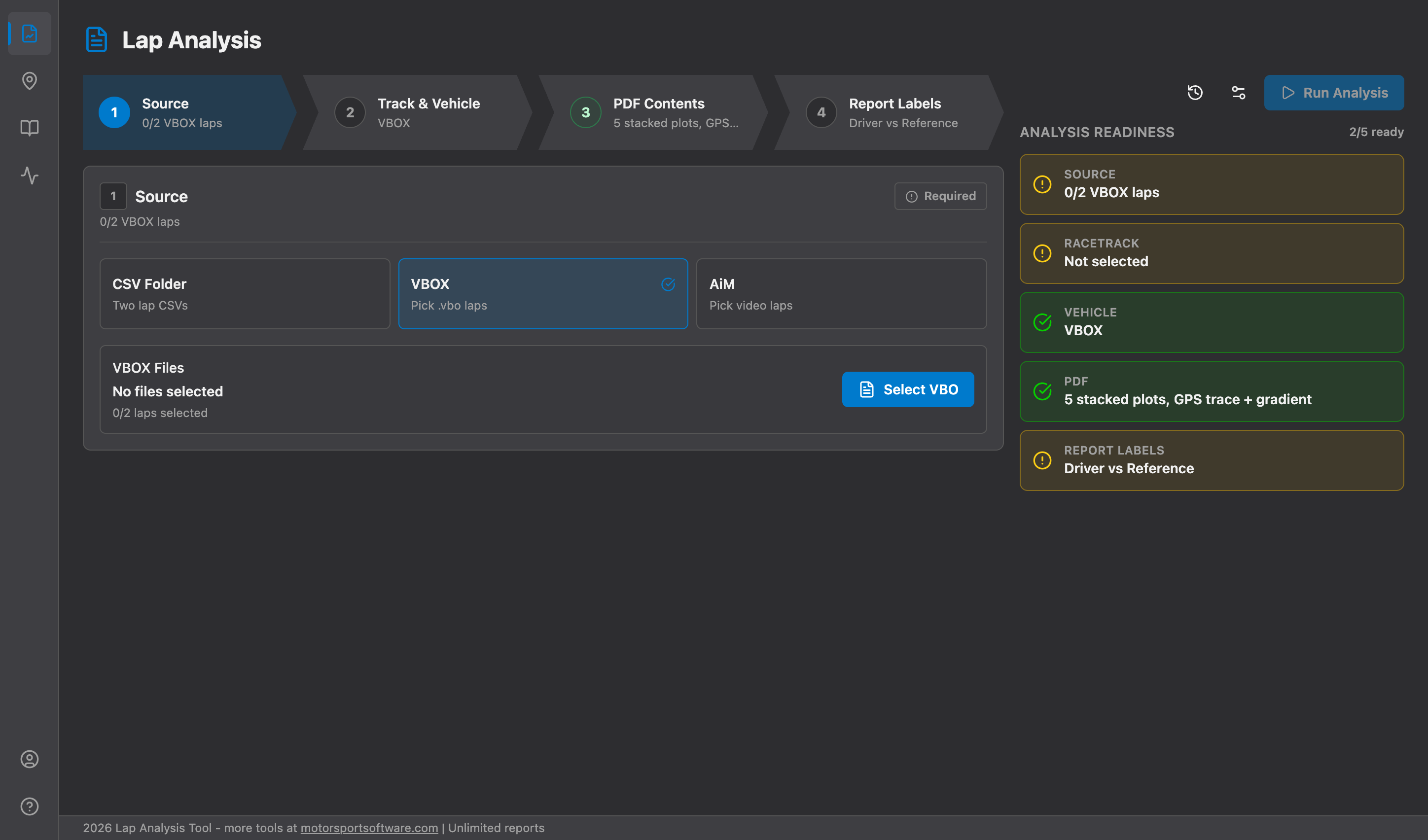 MSS Analysis VBOX source panel with Select VBO controls.