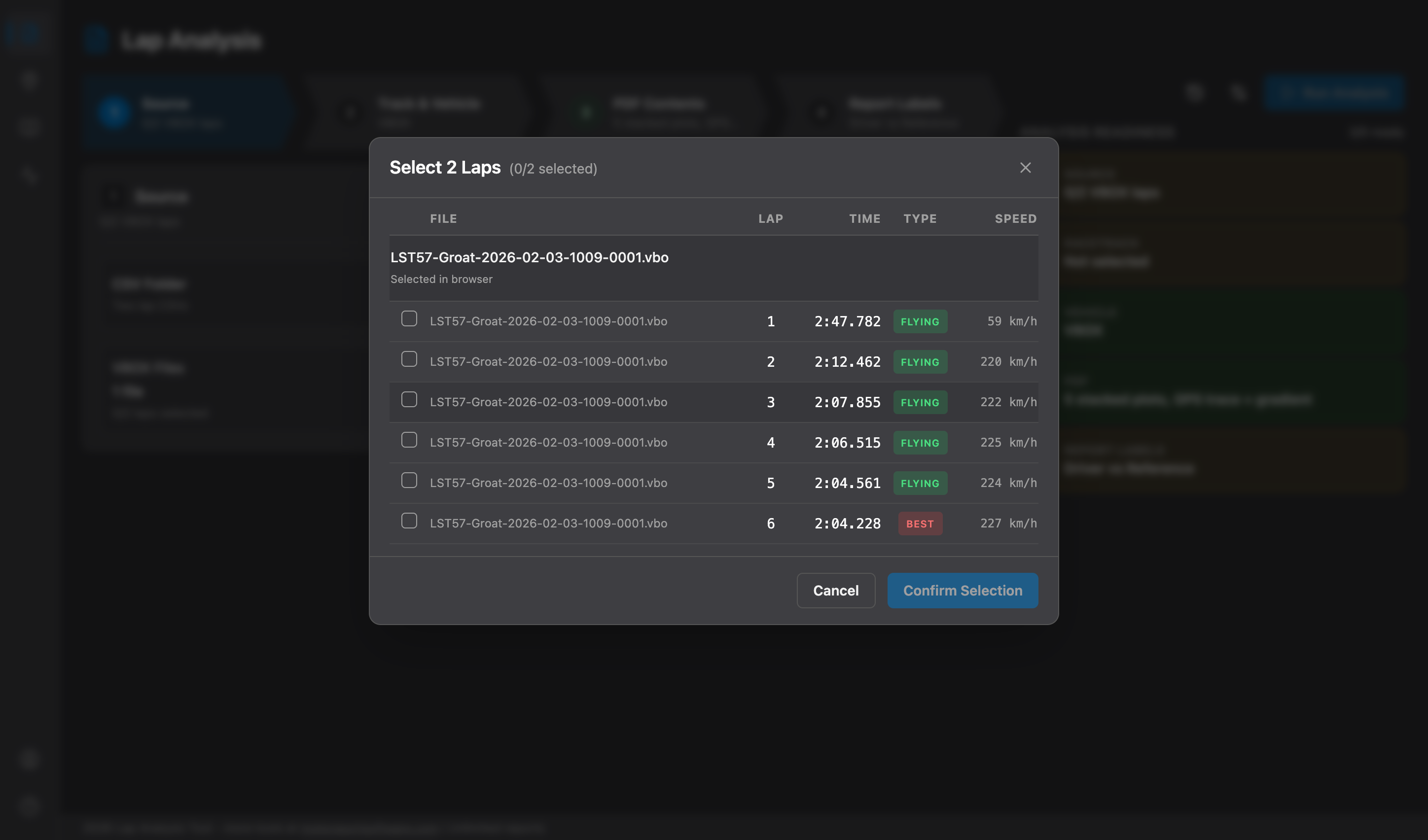 VBOX lap selection modal with detected lap times, flying laps, and best lap indicator.
