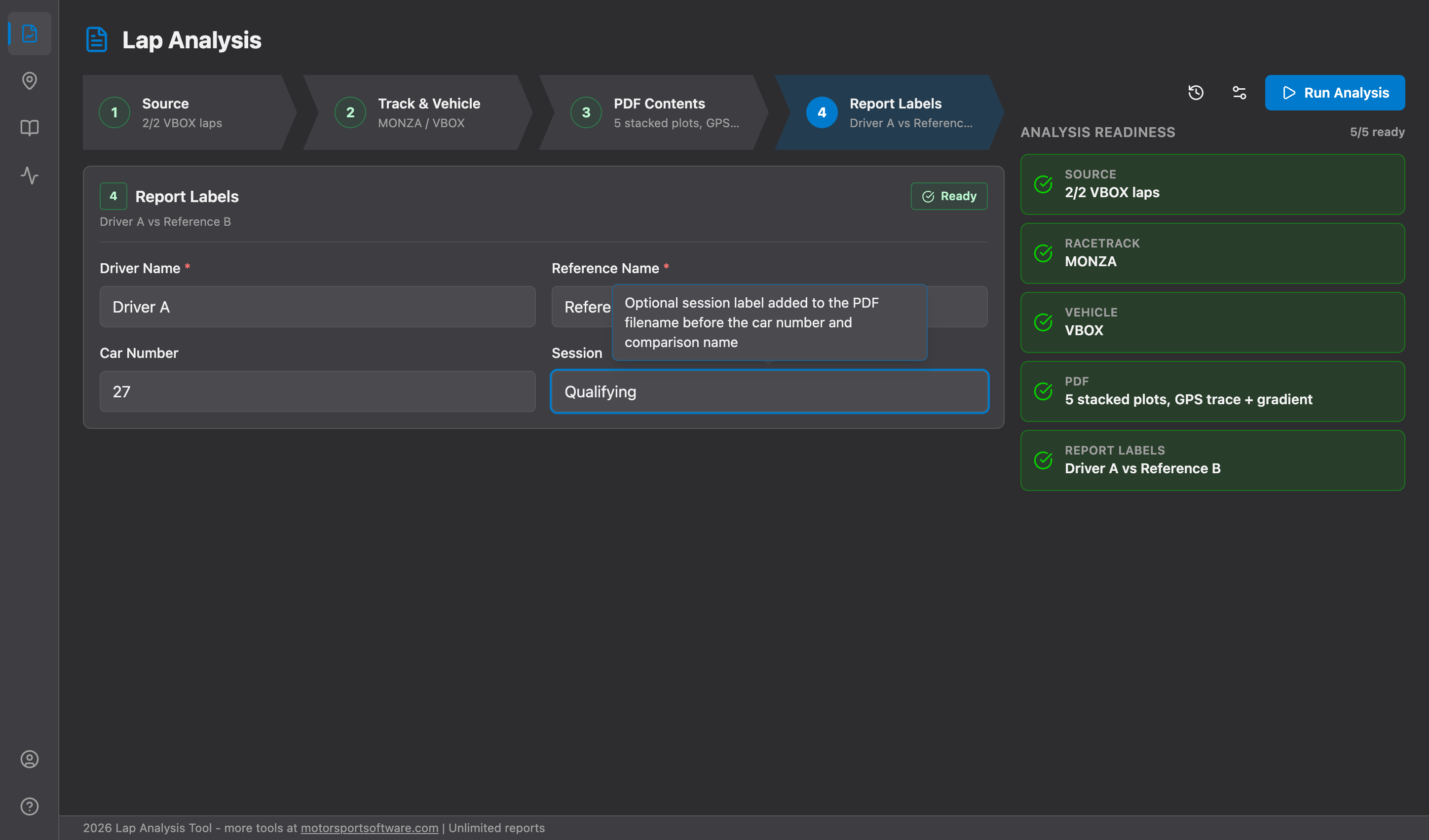 Report labels screen with driver name, reference name, car number, session, and run analysis button.