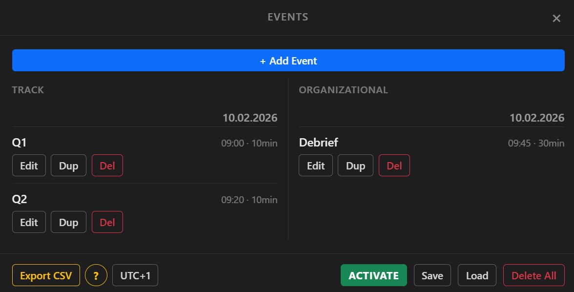 TimeTool events panel
