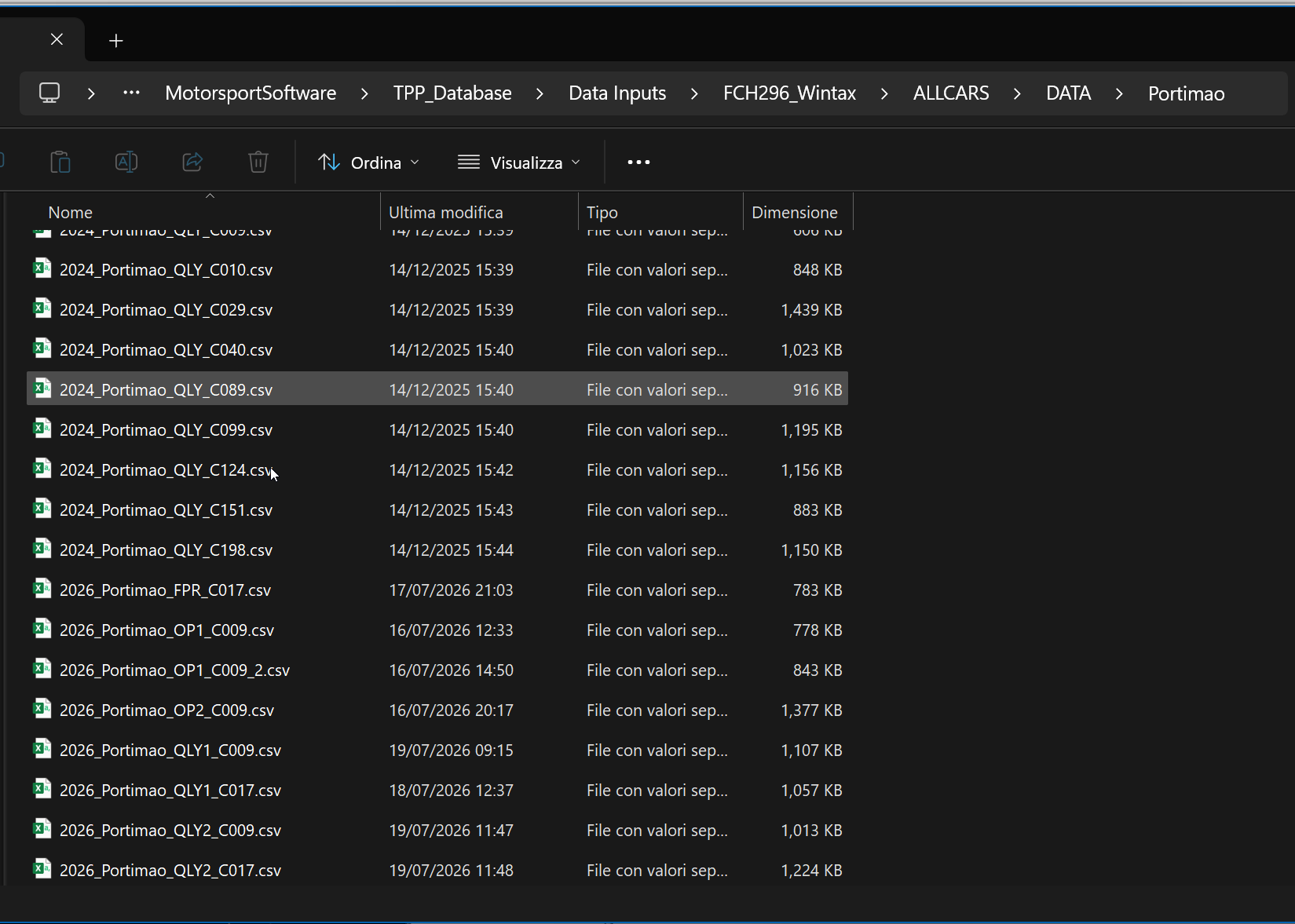 Windows Explorer: CSV telemetry runs inside DATA / Portimao