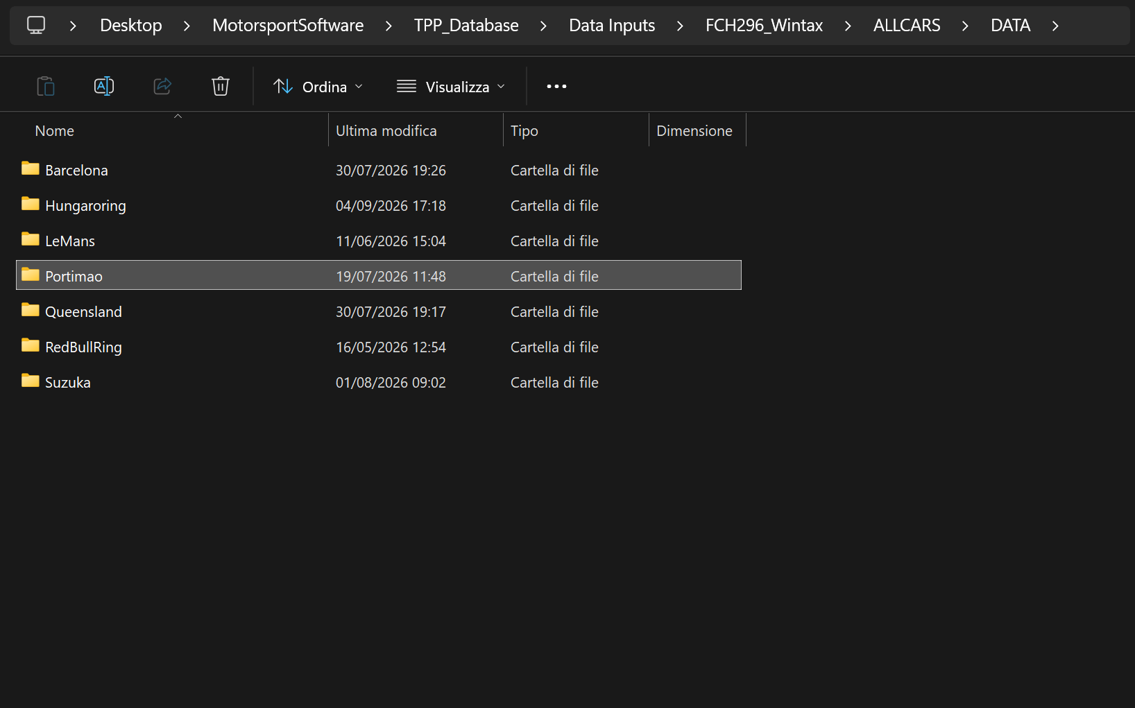 Windows Explorer: the DATA folder containing circuit folders, with Portimao selected