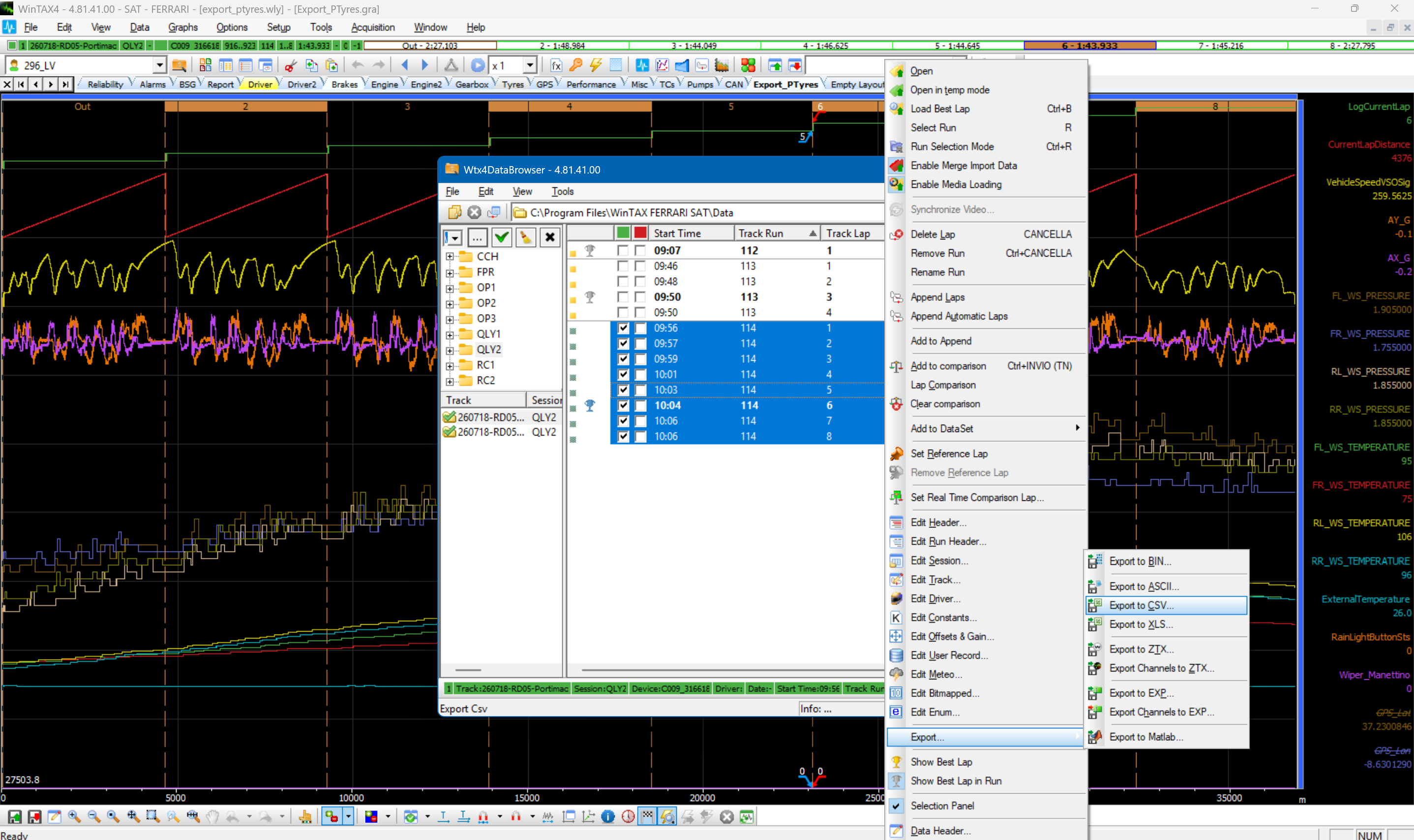 WinTAX4: all eight laps of a run selected, with Export to CSV highlighted