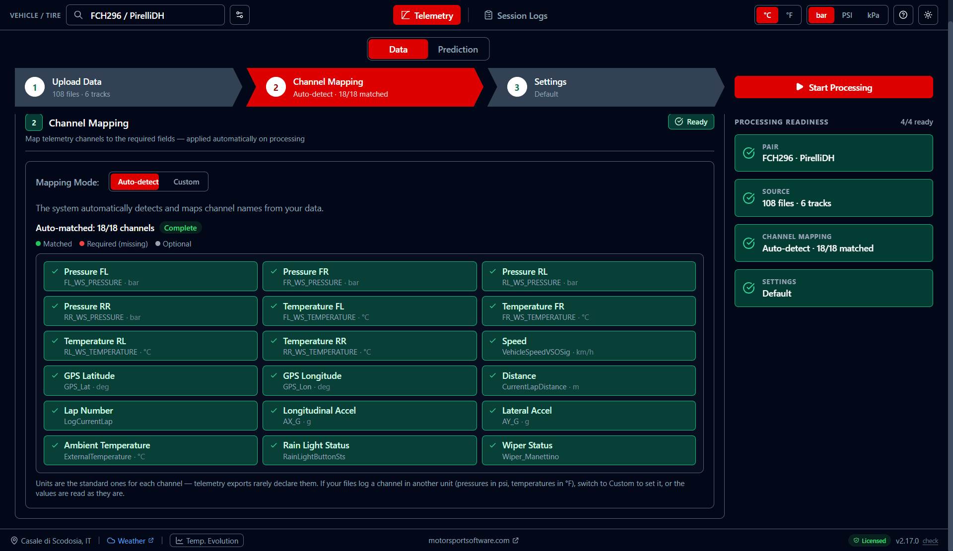 Channel Mapping with all 18 channels auto-matched, each with its unit