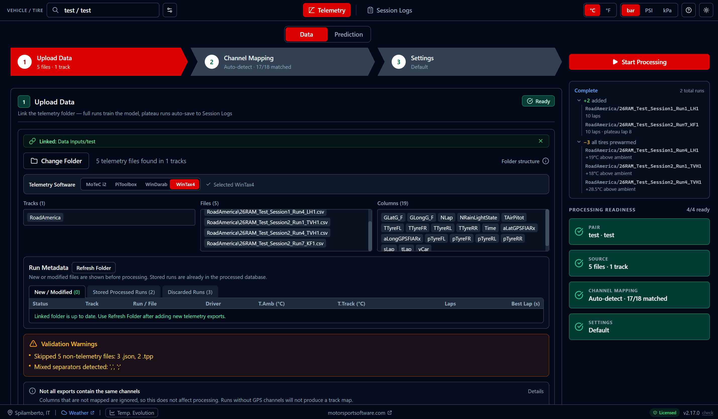 Processing complete: two runs added with their lap count and plateau lap, three excluded for pre-warmed tires with the temperature above ambient for each