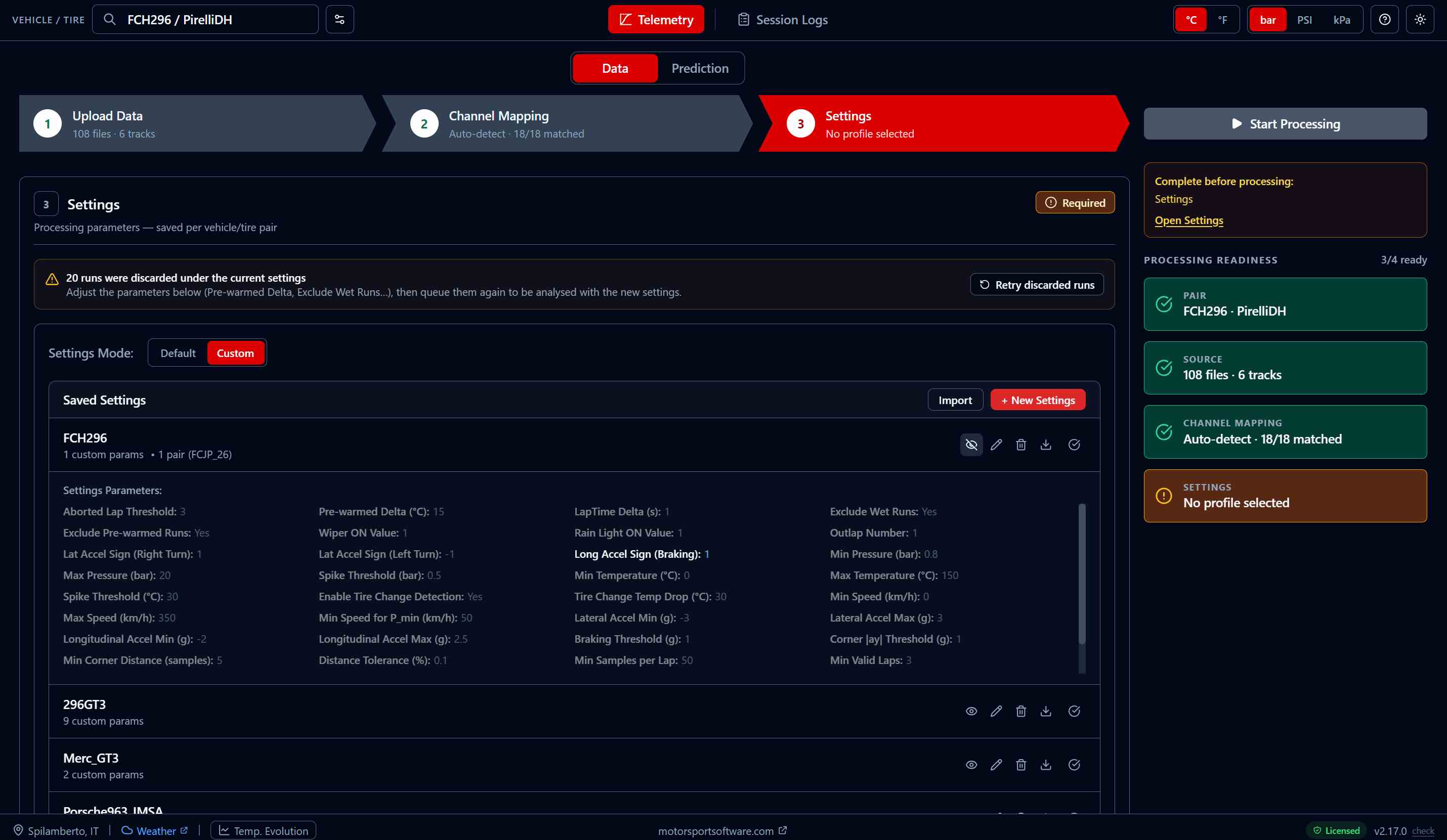 Settings step with saved parameter profiles, the readiness checklist and the notice that 20 runs were discarded, with a Retry button